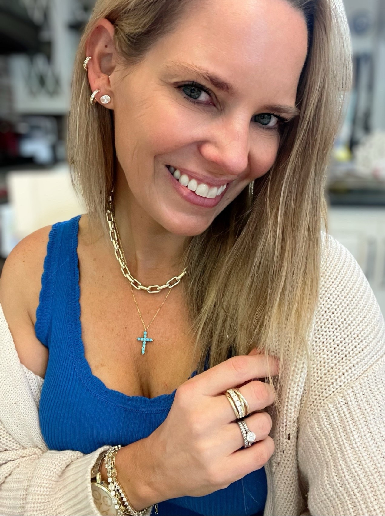 PREPPYREBEL for 10% off Melinda Maria Jewelry!
Comfy, classic, and mom-life ready! This neutral and navy look is a warm-weather win — easy to throw on and still feel polished. My ribbed blue tank adds a fun pop of color while these wide-leg cream trousers are a flattering, lightweight staple. I layered on a soft open-knit cardigan for breezy mornings and added gold jewelry from Melinda Maria for a little sparkle!

Outfit details:
• Tank: Ribbed blue scallop-edge tank (wearing S) – love this pop of color!
• Pants: Wide-leg cream trousers – flowy & flattering for spring and summer
• Cardigan: Lightweight open-knit cardigan – a cozy layering must-have
• Shoes: Neutral sandals – elevate the look without sacrificing comfort
• Jewelry: All Melinda Maria – link chain necklace, layered bracelets, statement earrings & cross pendant (code PREPPYREBEL for 10% off!)

Baby girl’s outfit:
• Cherry print bubble romper – sweet, playful & perfect for warmer days

Style tip: Cream pants are a neutral closet hero – pair with bold tops for contrast or keep it tonal for a chic monochrome moment!

#LTKspringstyle #MelindaMaria #mymmloveletter #momstyle #everydayoutfit #capsulewardrobe #neutraloutfit #classicstyle #easyoutfit #ootd #momootd

#LTKFindsUnder100 #LTKOver40 #LTKFindsUnder50