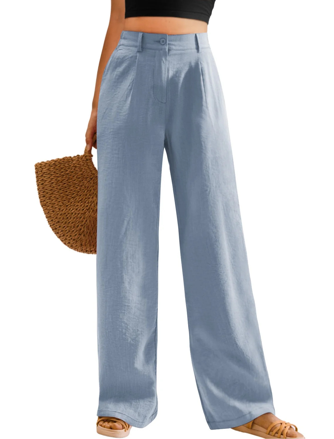Womens Casual Wide Leg Pants High Waisted Button Down Straight Long Trousers Palazzo Pants | Walmart (US)