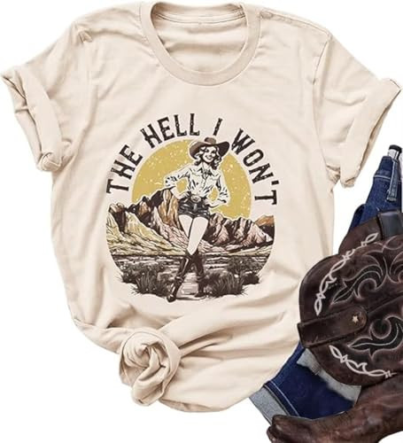 Western Cowboy Shirts Vintage Graphic Tees for Women Cowgirl Country Music Concert Tshirts Funny Retro Rodeo Tops(X-Large,Apricot1) | Amazon (US)
