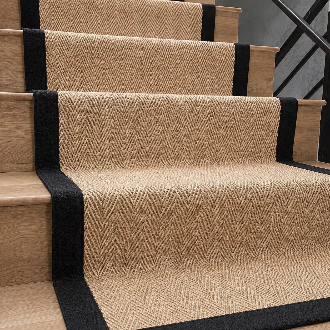 Beige Herringbone Sisal Stair Runner: Black Border, Custom Size | Etsy (Global)