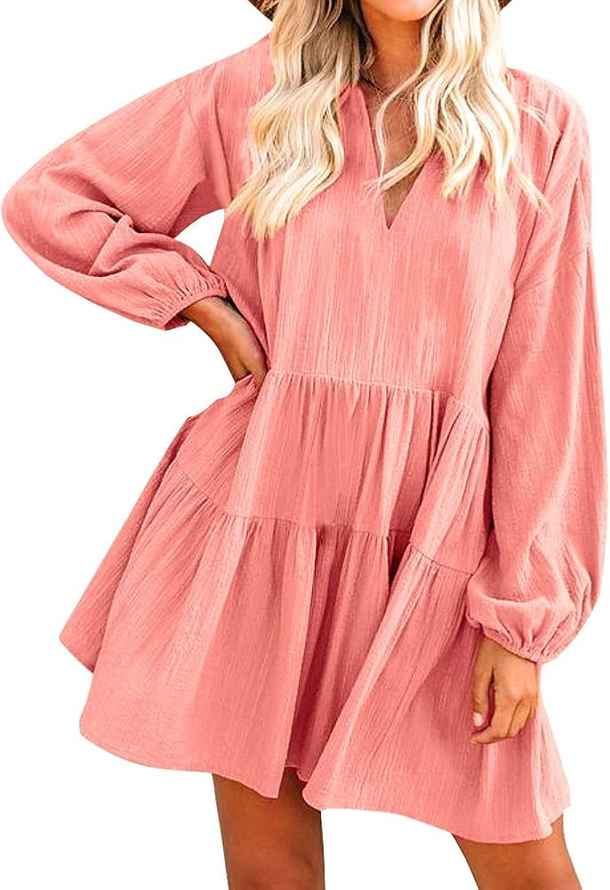FANCYINN Long Sleeve Shift Tunic Dress Ruffle Swing Babydoll Juniors Mini Ruffle Dress with Pockets | Amazon (US)