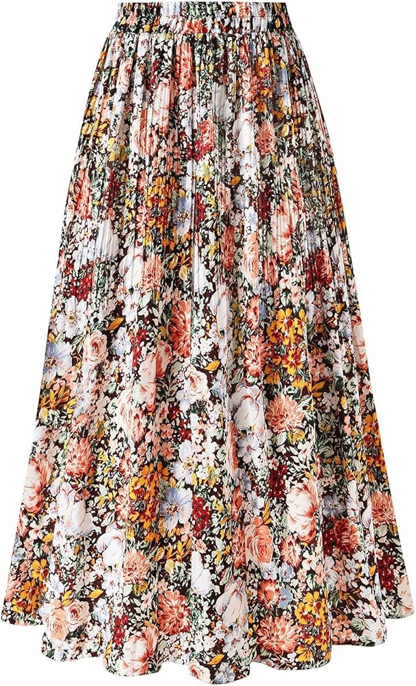 Basoteeuo Womens Skirt Leopard Print Midi Long Shirring Pleated Skirts High Waisted A Line Skirts | Amazon (US)