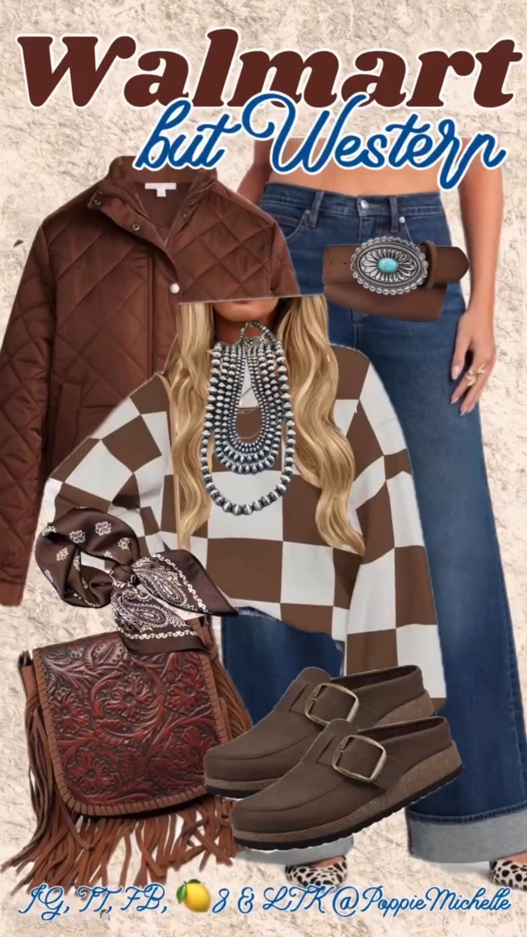 Walmart…but western!! 

Annnnnndddd all of this is currently enroute to my front porch!!! 

I am a firm believer that the checker print pattern is a neutral and will go with everything. Top it off that it’s chocolate brown 😚

The sweater is advertised as oversized- ehhhhhh not really I ordered a small and it fits like a medium. My jeans are perfect for my long legs and I prefer my size 2 in them over the 4 that I ordered as well. 

Walmart Outfit Inspiration- 
Hi! I’m PoppieMichelle and I love looking good at affordable prices. If you can relate- tap that HEART!

* Like what you see? Look for more linked on my LTK page 
* Not sure what LTK is…. It’s an app you can download to EASILY shop ALL my inspo looks
*  Download the LTK app and search PoppieMichelle (or tap my bio>LTK) to shop THIS look & EXCLUSIVE content. 
* Sizing & so much detail is included in my LTK Posts C
*  I’m 5’8 | 148 lbs | Typically a Medium 4/6 (27) | Tall (36) | exact sizing on my LTK CAPTION 

Copy & paste this 🔗 to Sh0p https://www.shopltk.com/explore/PoppieMichelle?tab=posts

#walmartfashion #walmartpartner #walmartoutfit #nfrfashion  #westernstyle #chocolatebrown