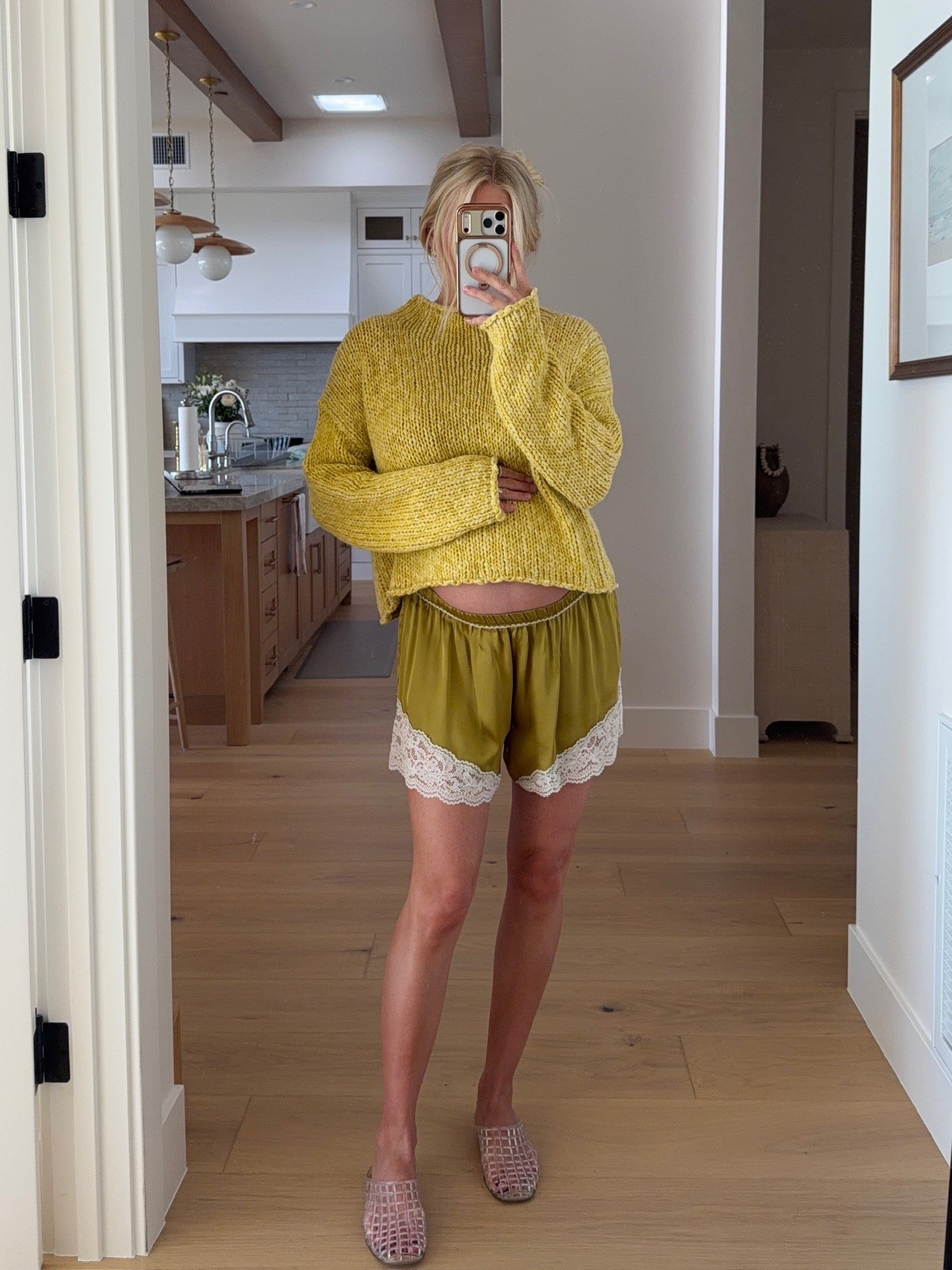 Wearing a medium in sweater & shorts (sized up for pregnancy), shoes are tts! #kathleenpost

Casual chic look, comfy chic outfit, bump friendly, errands outfit, casual lunch look, maternity look, spring transition, spring outfits 2026

#LTKootd #LTKSeasonal #LTKBump