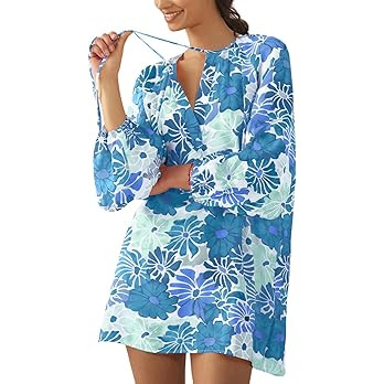 Boho Floral Tunic Dress for Women Long Sleeve Loose Fit Summer Vacation Cover Up Short Dress | Amazon (US)