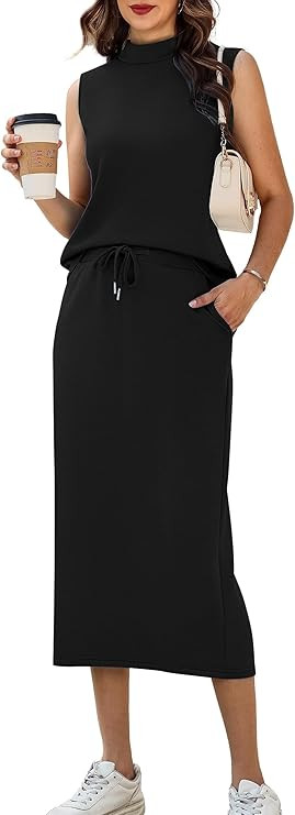 Casly Lamiit Women's 2 Piece Set Summer Casual Sleeveless Mock Neck Top Midi Skirts Lounge Travel... | Amazon (US)