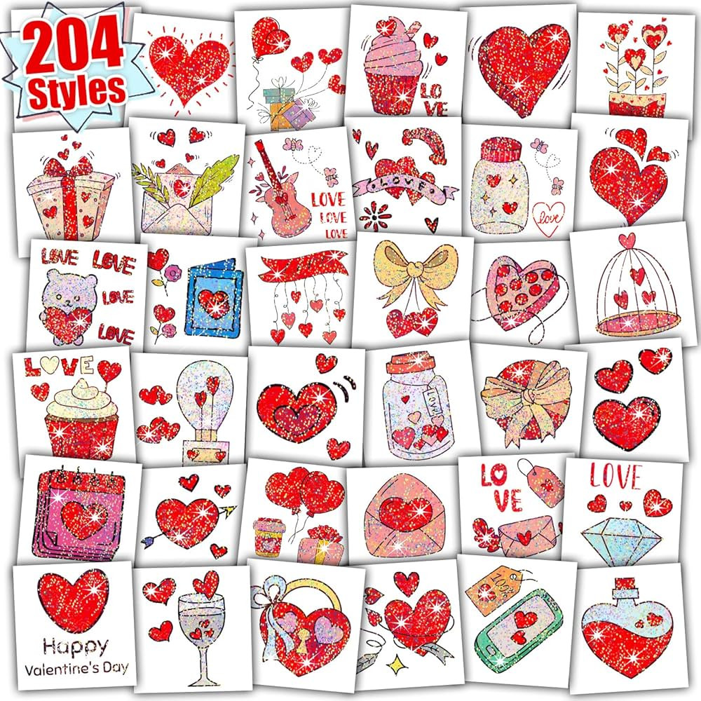 Partywind 204 Glitter Styles Valentine's Day Kids Temporary Tattoos, Valentines Party Supplies Fa... | Amazon (US)