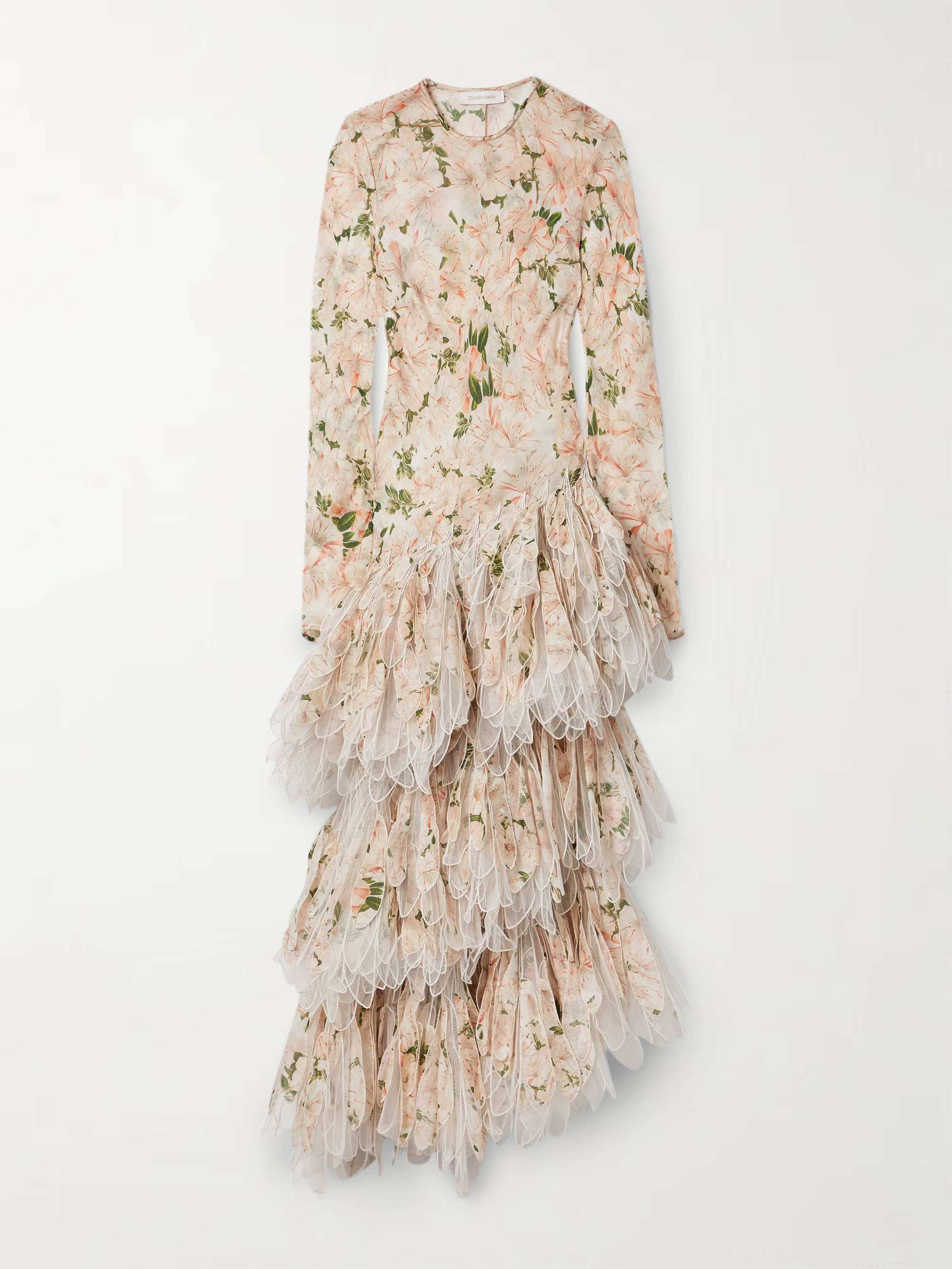 Natura asymmetric tulle-trimmed floral-print linen and silk-blend maxi dress | NET-A-PORTER (US)