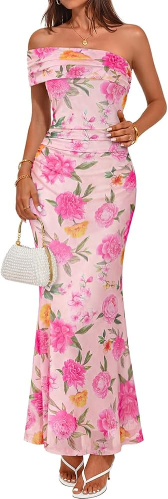 MEROKEETY Women's Floral Maxi Dress 2026 Summer Off Shoulder Ruched Mesh Bodycon Cocktail Wedding... | Amazon (US)