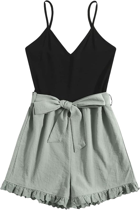 SweatyRocks Women's Boho Floral Print V Neck Beach Shorts Romper Jumpsuit with Belt | Amazon (US)