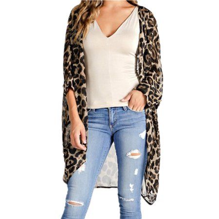 Women Long Sleeve Loose Leopard Print Kimono Open Front Cardigans | Walmart (US)