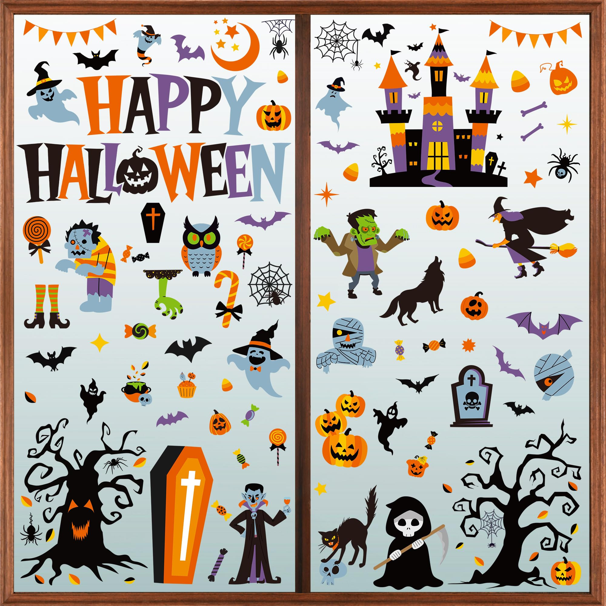 115PCS Halloween Window Clings, 9 Sheets Halloween Decorations, Cute Witch Tree Zombie Ghost Patt... | Amazon (US)