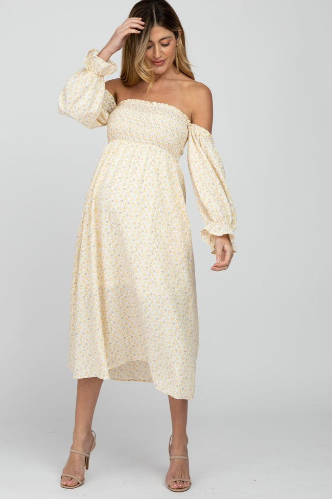 Yellow Ditsy Floral Smocked Off Shoulder Maternity Dress | PinkBlush Maternity
