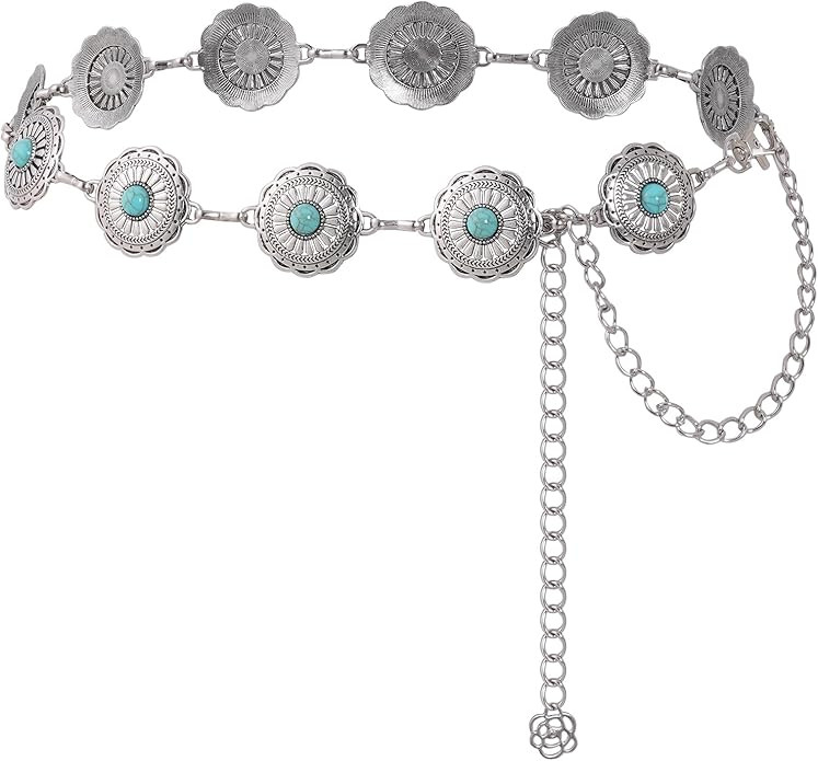 Western Concho Chain Belt Women Cowgirl Turquoise Boho Diamond Gems Metal Waist Chain Belt for Dr... | Amazon (US)
