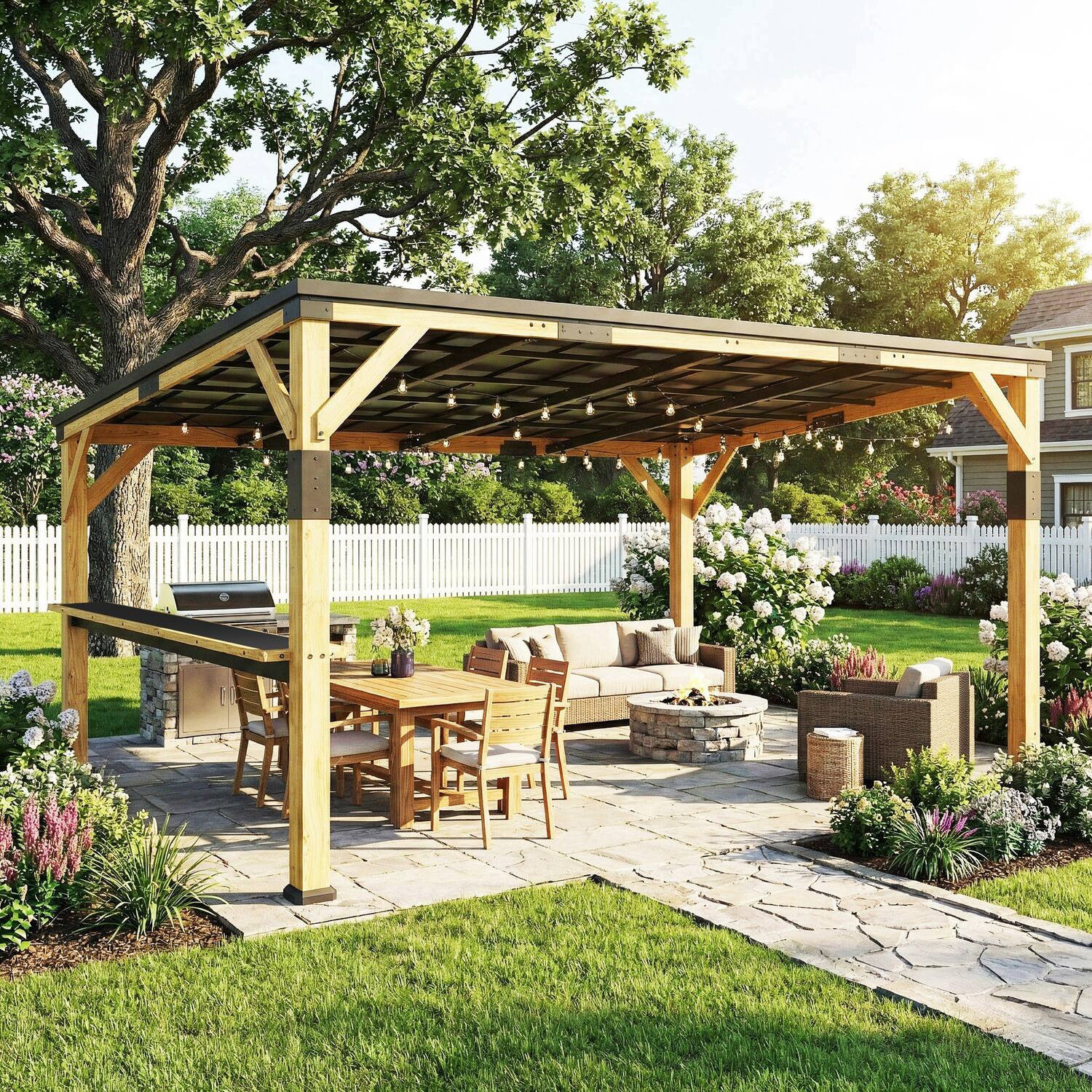Outsunny - x 14' Wooden Gazebo, Hardtop Lean-to Gazebo Pergola with Galvanized Steel Sloped Roof, Bar Shelf | Best Buy U.S.