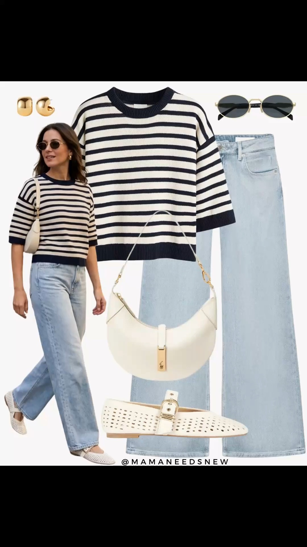 An easy late spring to summer outfit with a striped knit tshirt, jeans, shoulder bag, Maryjane flats 💙🤍

#LTKootd #LTKSeasonal #LTKSaleAlert