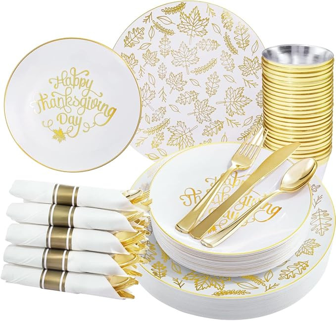 Nervure 175PCS Thanksgiving Plastic Plates & Pre Rolled Napkins Gold Plastic Cutlery Include: 25D... | Amazon (US)