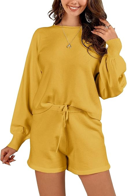 FISACE Womens 2 Piece Knit Outfits Batwing Sleeve Lounge Sets Casual Crop Top Shorts Sweatsuit | Amazon (US)