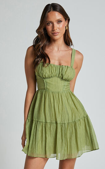 Alva Mini Dress - Sleeveless Ruched Bust Tiered Dress in Sage | Showpo (US, UK & Europe)