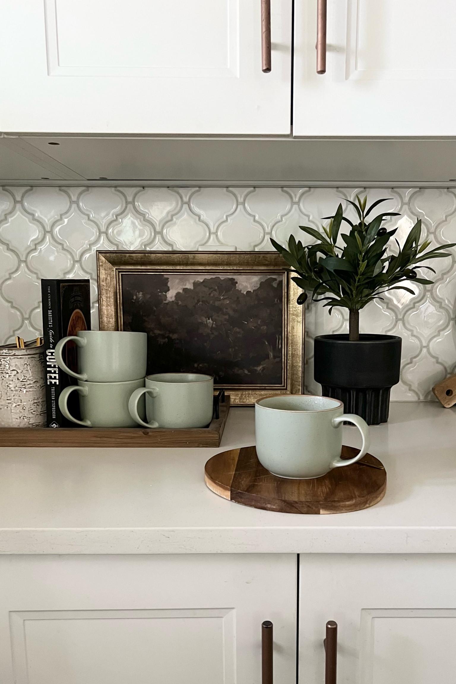 Spring coffee corner. 
The prettiest Sage green coffee mugs ! 16oz, they’re a great size! 
Coffee essentials, kitchen counter styling 

#LTKhome