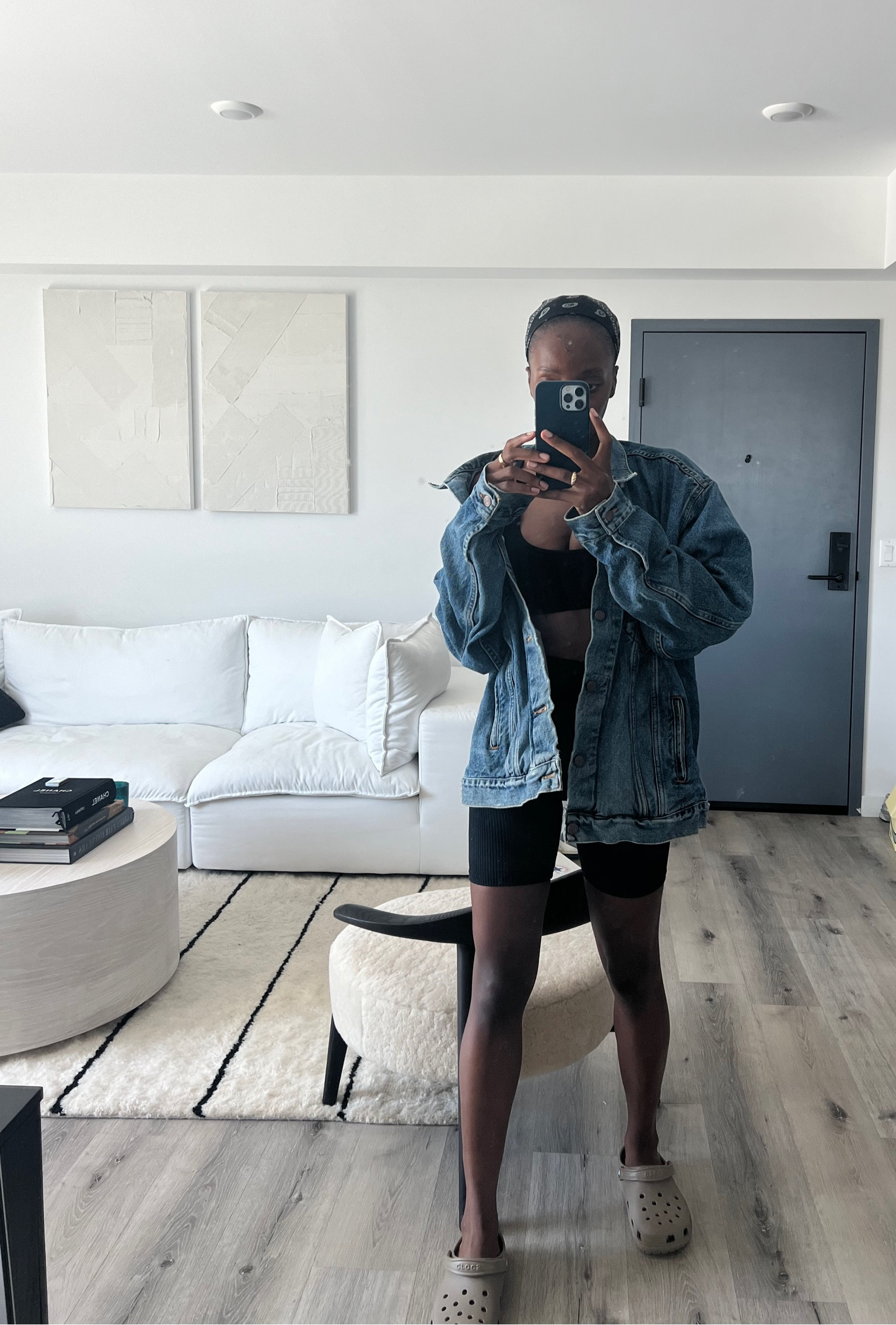 Running errands outfit - Levi’s denim trucker jacket - bike shorts - neutral colored home - crocs - brown crocs 

#LTKhome #LTKstyletip #LTKfit