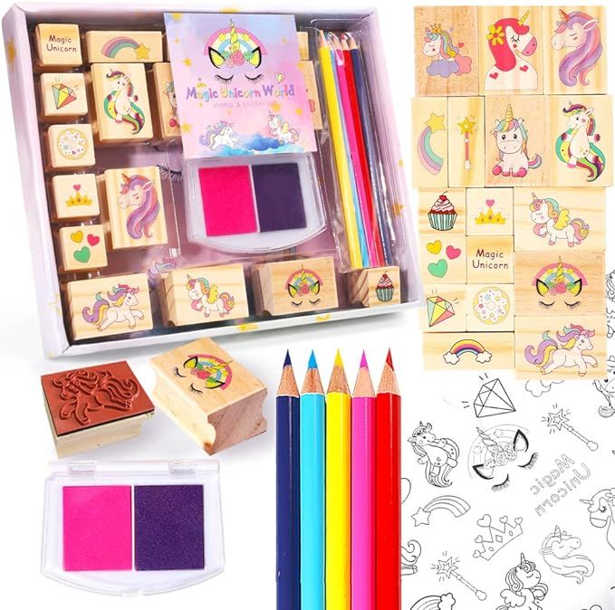 Unicorn Wooden Stamp and Sticker Set for Girls, Stampers, Inkpad, Coloring Pencil, Sticker Includ... | Amazon (US)
