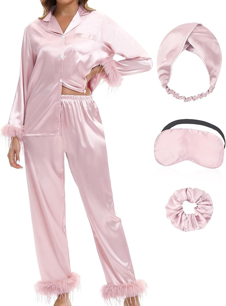 MORFORU Satin Pajama Set for Women Feather Trim Long Sleeve Pjs with Sleep Mask Headband Scrunchi... | Amazon (US)