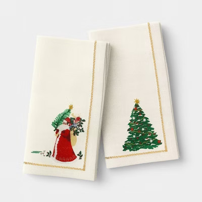 2pk Embroidered Christmas Santa/Tree Napkins White - Threshold™ | Target