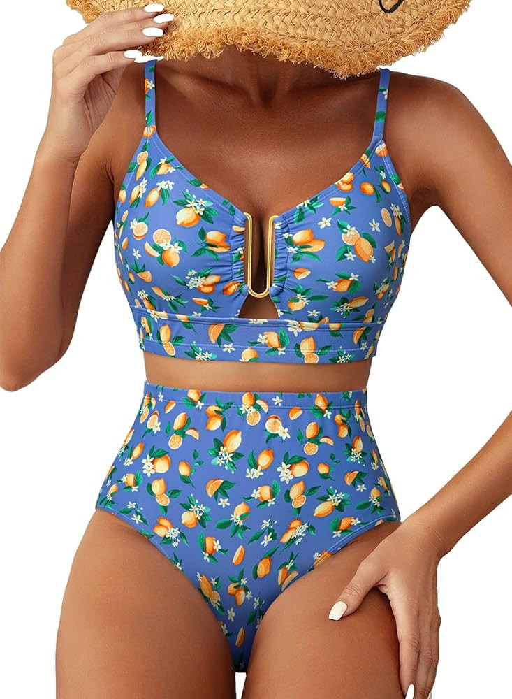 Womens 2 Piece High Waisted U Wire Bikini Set Floral Print Swimsuit Crisscross Back Bathing Suit ... | Amazon (US)