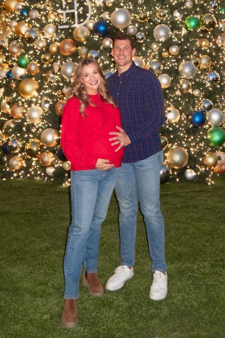 His and hers holiday outfits for a casual date night- sweater on sale, maternity jeans on sale, boho purse on sale, and Chelsea boots for her and button up, jeans, and sneakers for him 

#LTKshoecrush #LTKbump #LTKmens