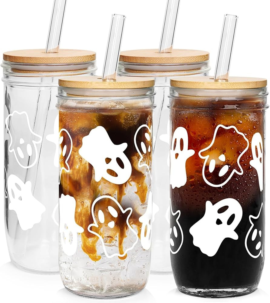 Halloween Cups, Ghost Decor 24oz Halloween Mug Mason Jar Glass Cups with Lids and Straws Ghost Tu... | Amazon (US)