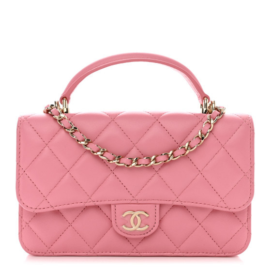Chanel Lambskin Quilted Flap Phone Holder With Chain Pink | FASHIONPHILE (US)