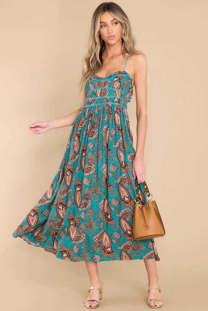 Timeless Moments Turquoise Blue Floral Print Midi Dress | Red Dress 