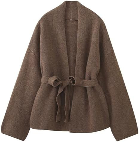 HOULENGS Women's Casual V Neck Belted Wrap Cardigan Sweaters Open Front Long Sleeve Chunky Knit S... | Amazon (US)
