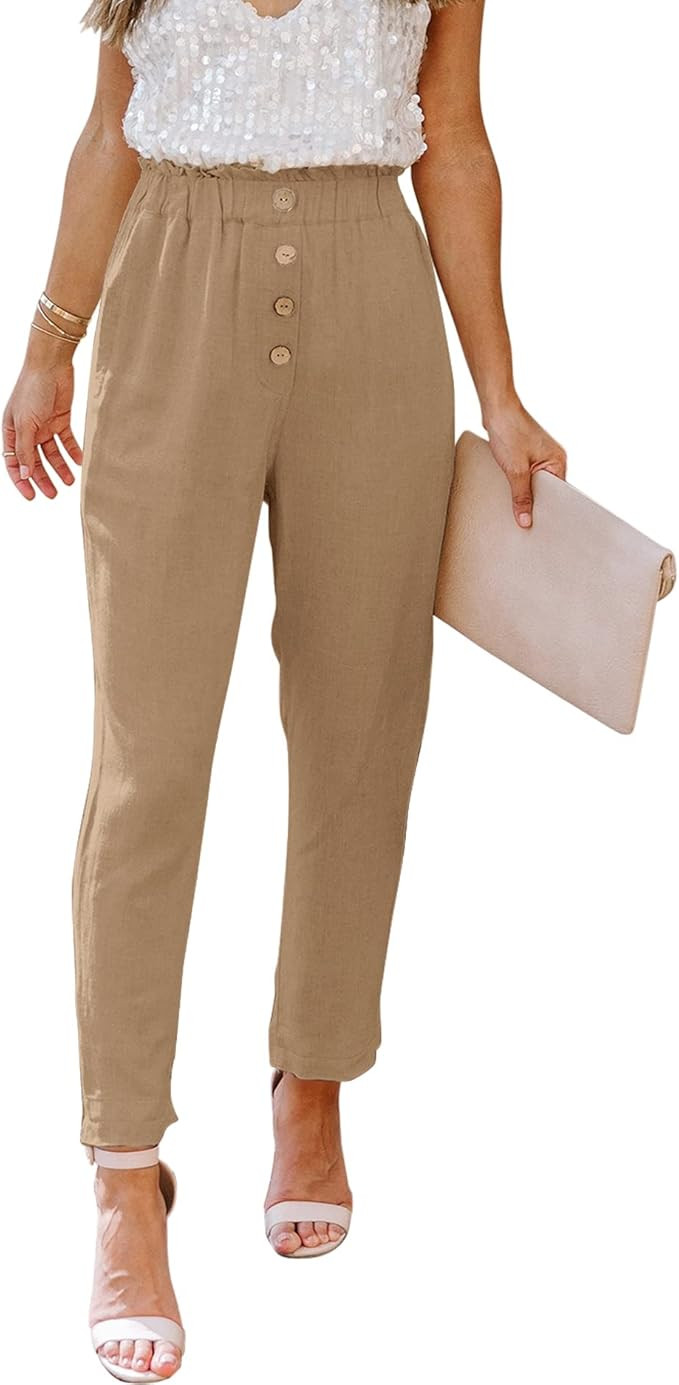 NIMIN Womens Casual Loose Pants Comfy Cropped Work Pants with Pockets Elastic High Waist Paper Ba... | Amazon (US)