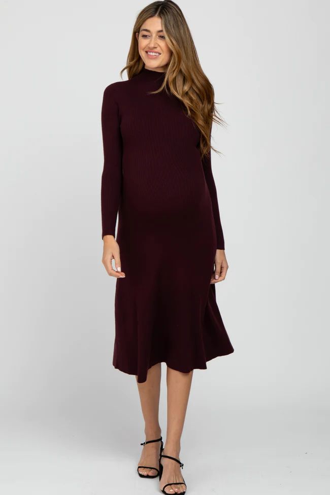 Burgundy Mock Neck Flared Maternity Midi Dress | PinkBlush Maternity
