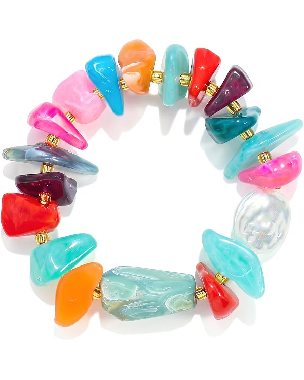 Colorful Chunky Beaded Stretch Bracelet for Women, Acrylic & Irregular Stone Chip Statement Jewel... | Amazon (US)