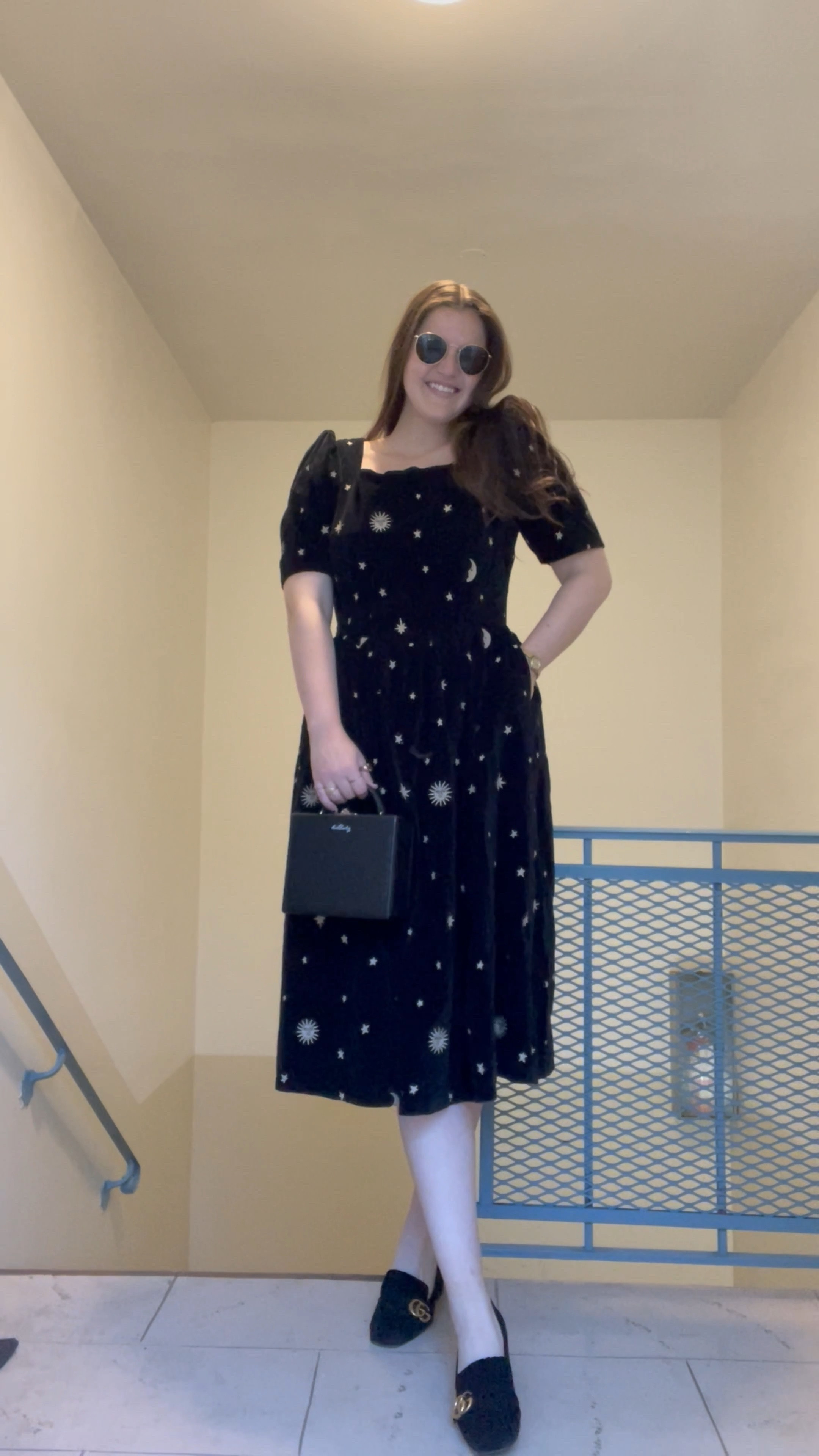 black velvet Meadows Caster midi Dress with star and moon print, available on amazon and shopbop, fall / winter, mustard yellow coat / jacket, black box bag, gold jewelry (rings, earrings) from amazon, round metal ray ban sunglasses, wear to work, office outfit, gucci Marmont Leather mid-heel pump


#LTKunder100 #LTKunder50 #LTKstyletip