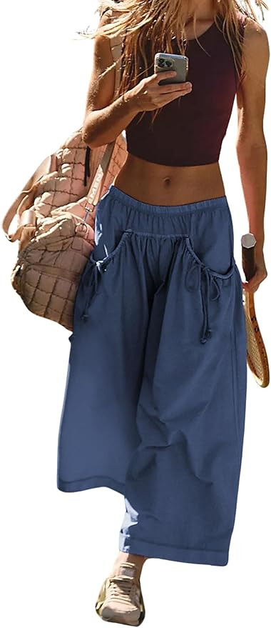 Hooever Women's Loose Wide Leg Track Pants Drawstring Pockets Elastic Waist Capri Hiking Pants | Amazon (US)