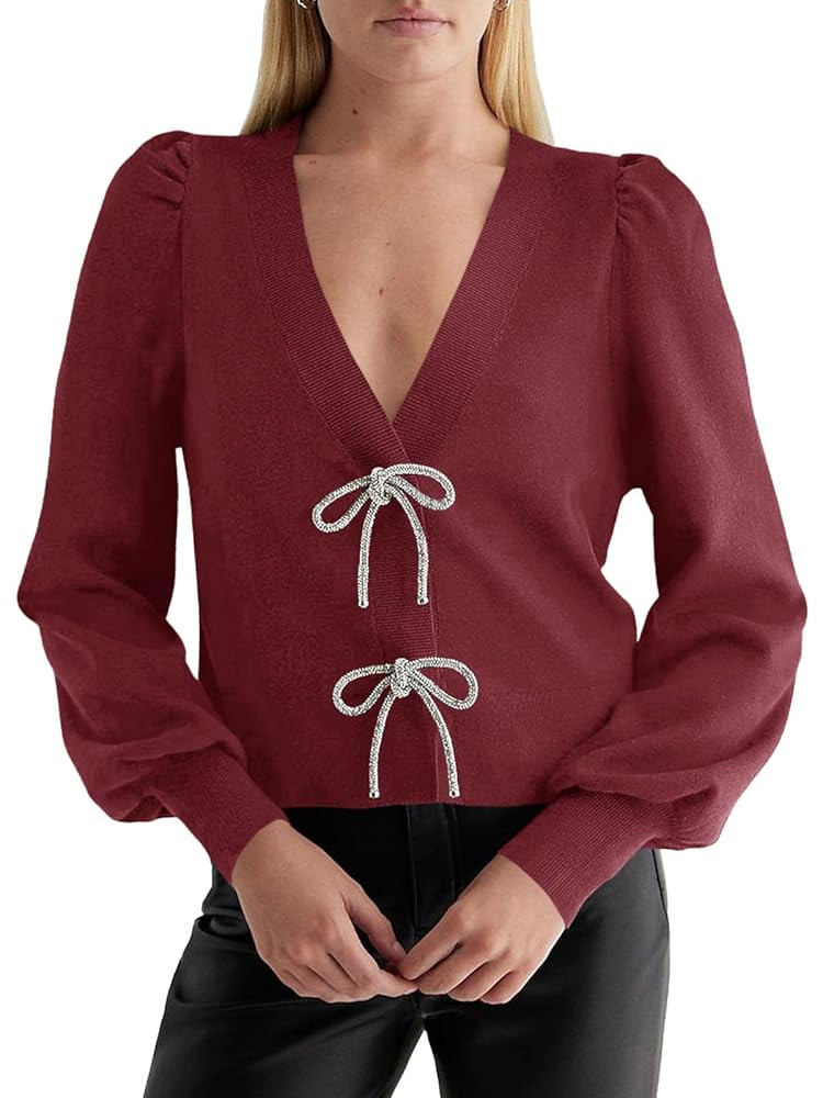 Saodimallsu Womens Bow Button Front Cardigan Sweaters V Neck Cropped Knit Sweater | Amazon (US)
