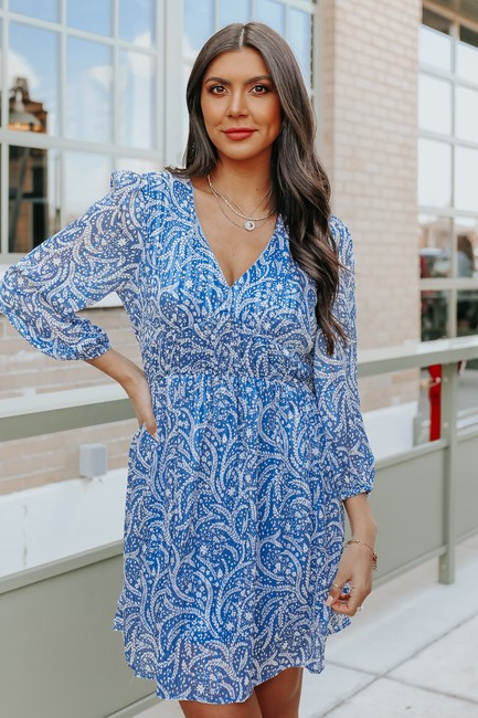 V-Neck Metallic Blue Paisley Floral Empire Dress | Magnolia Boutique