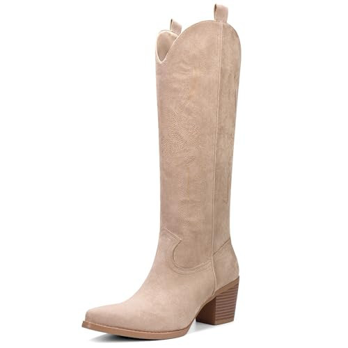 VBDB Cowboy Boots for Women Knee High Boots Pointy Toe Suede Boots with Embroidered Chunky Heel Western Cowgirl Boots Beige11 | Amazon (US)