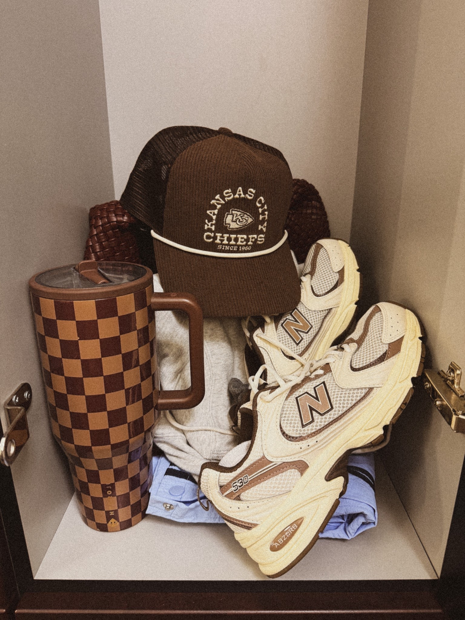 A peek into my gym locker🧸🤎 
Gym essentials, trucker hats, Kansas City chiefs, new balance sneakers, gym shoes, gym necessities. 

#LTKfitnessgoals #LTKdayinmylife #LTKActive