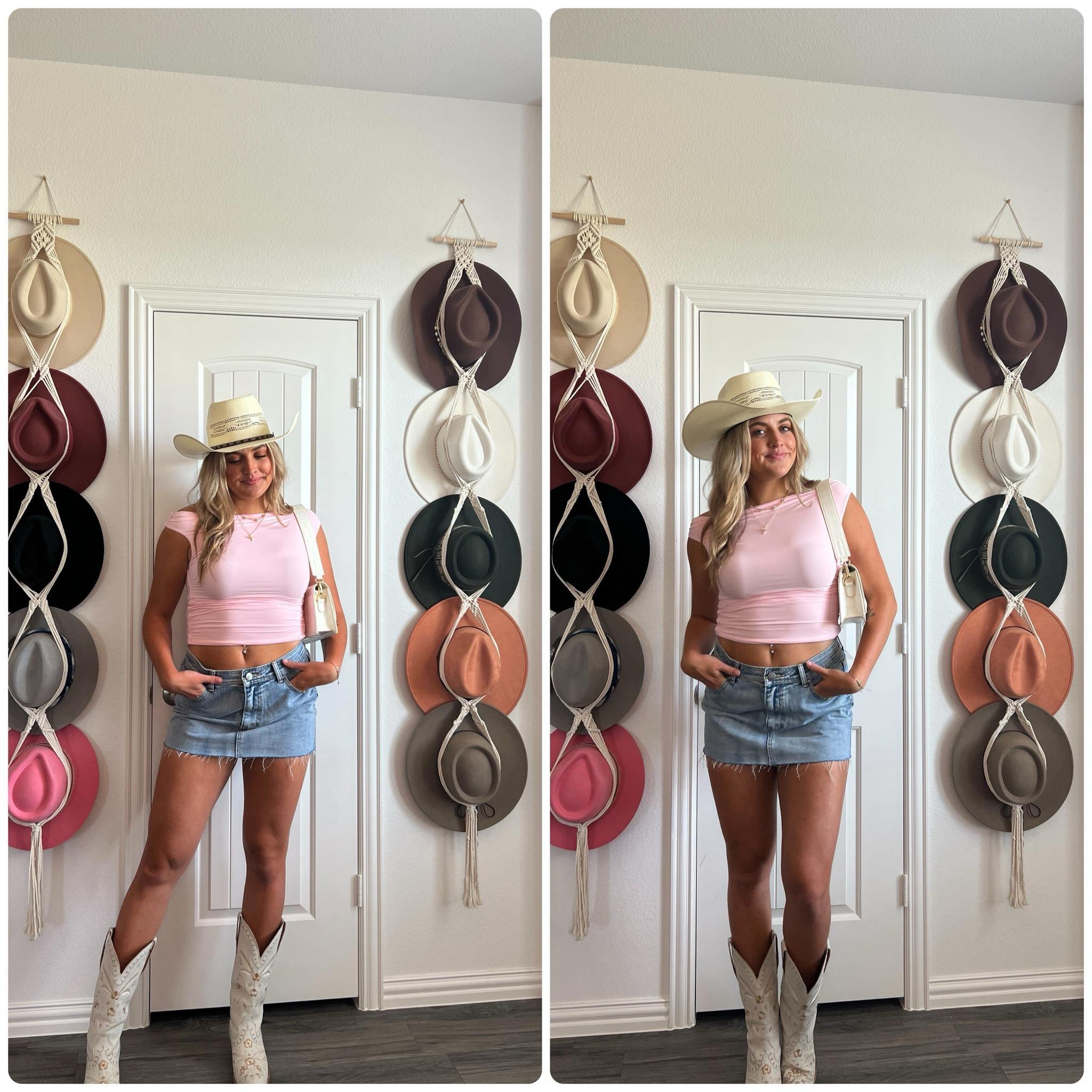 Cute county fair and rodeo outfit idea 🤠🐮 off the shoulder top - Amazon. Denim skirt - Pacsun. Floral boots - Anthropologie. Cowboy hat - Cavender’s.  Purse - Amazon  

#LTKSummerSales #LTKShoeCrush #LTKStyleTip