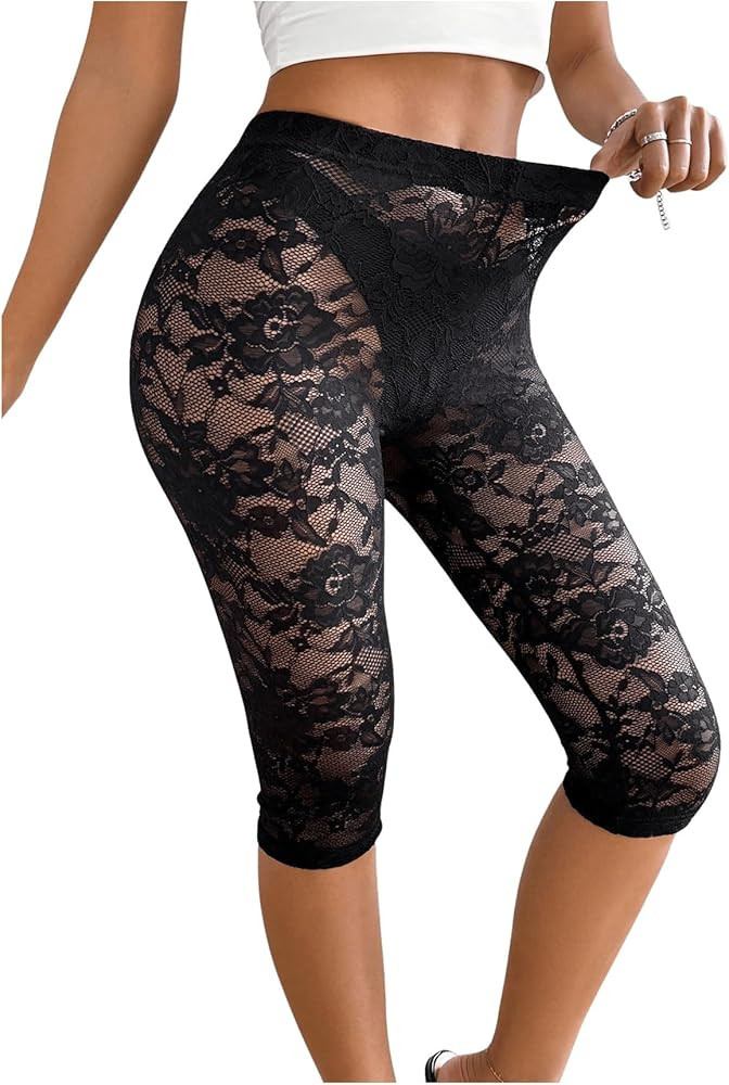 WDIRARA Women's Floral Lace Capri Leggings Sheer Mesh Skinny Elastic Sexy See Through Pants | Amazon (US)