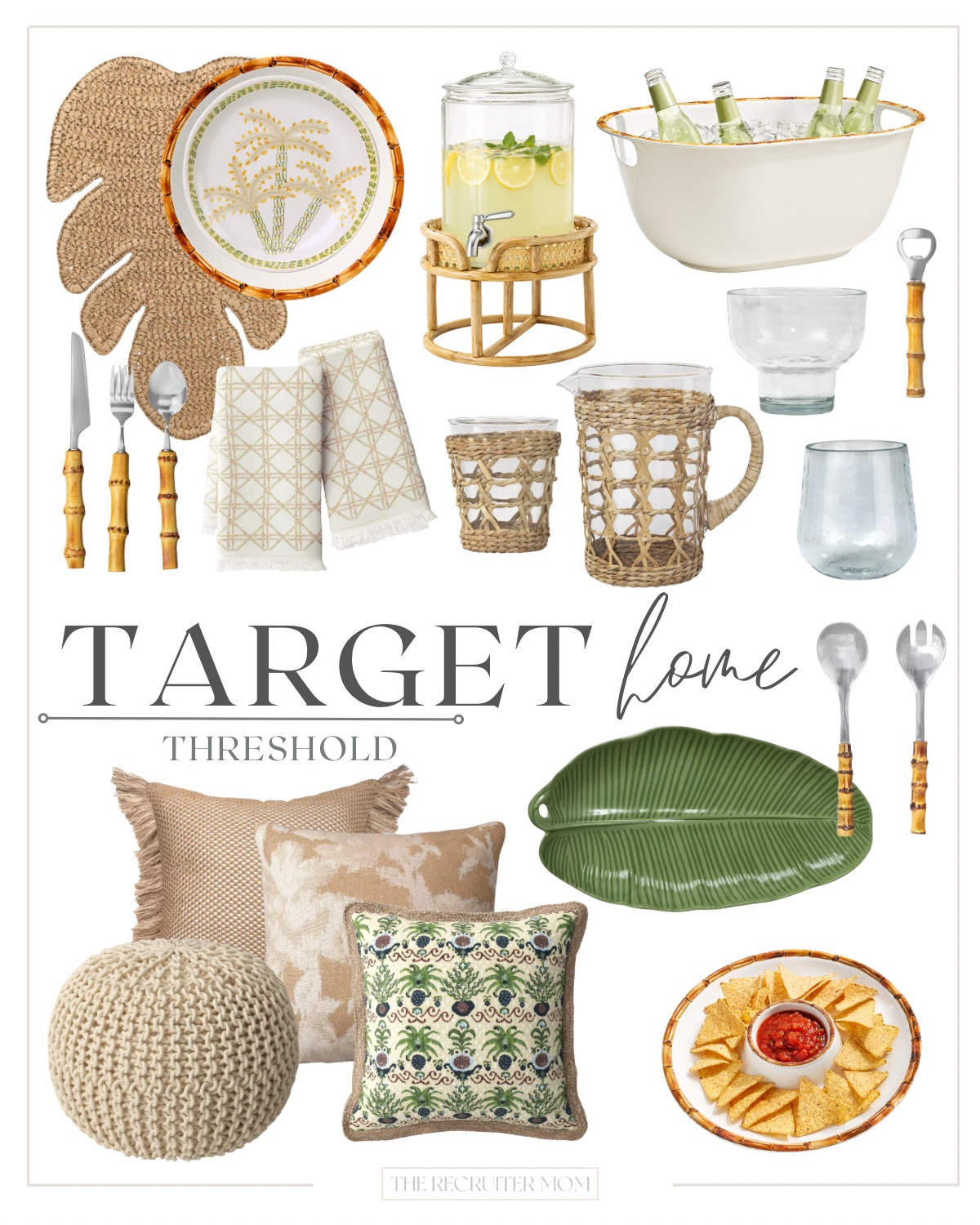 Target Threshold is absolutely showing off with these new home arrivals 🌿🤍 Bamboo details, woven textures, tropical-inspired serving pieces, and the prettiest neutral + green accents for summer hosting season. These are the kind of pieces that make your home feel instantly elevated without the designer price tag. I’m especially obsessed with the drink dispenser, leaf platter, and those gorgeous textured pillows! 

 #LTKSeasonal #LTKHome