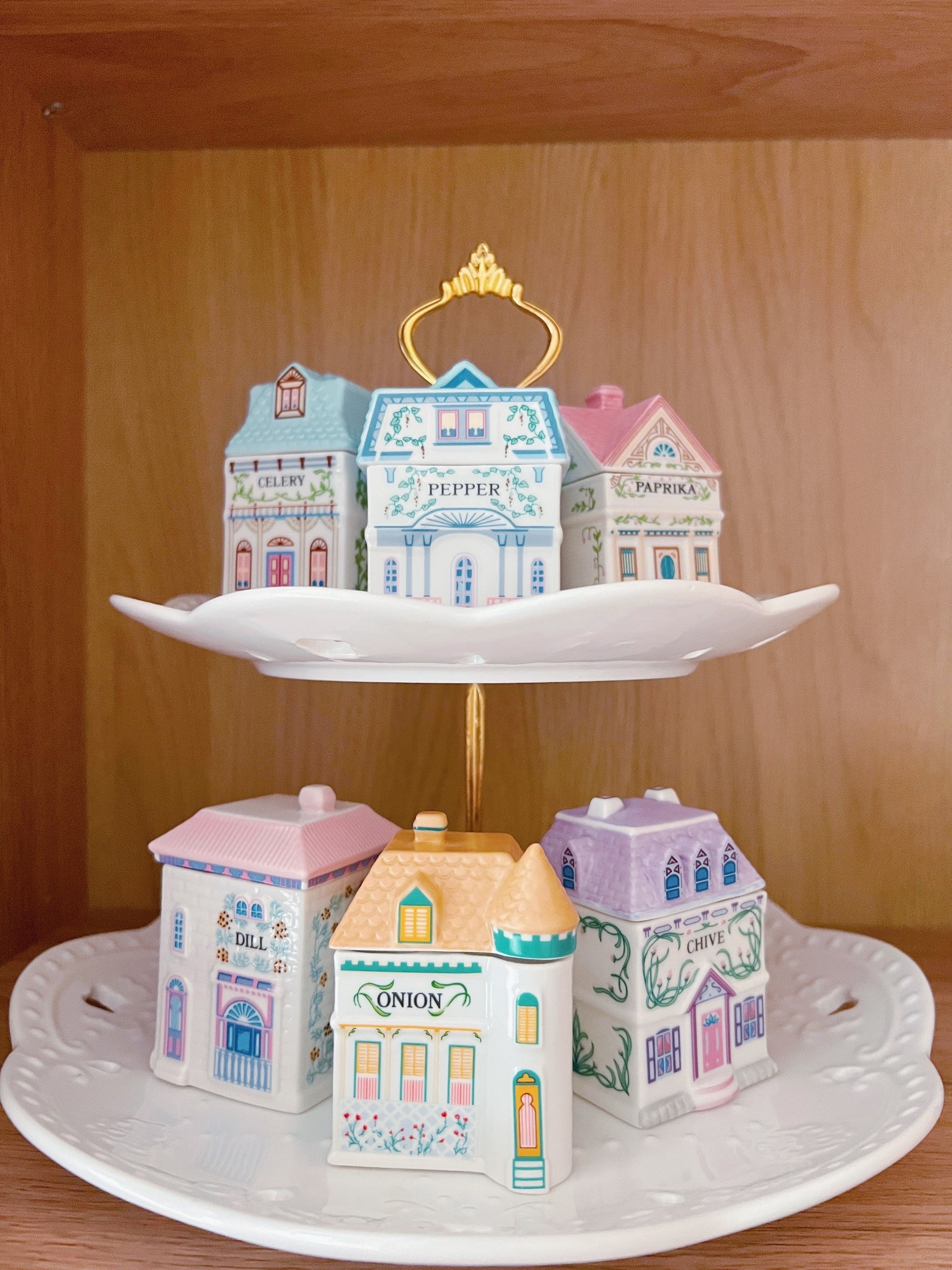 Lenox Spice Village 6-Piece Savory Street Spice Jars! Stunning on this tier display with spring time colors. 