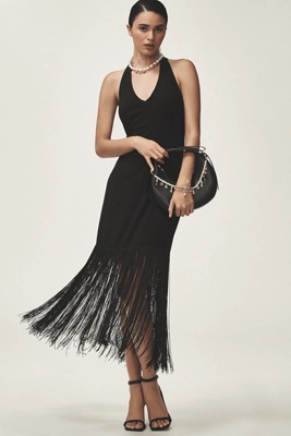Hutch Plunge Halter Fringe Knit Midi Dress | Anthropologie (US)