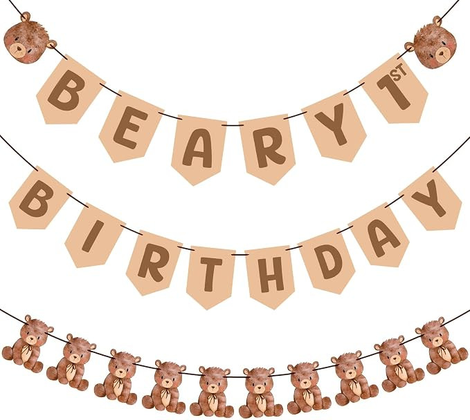 Epakh 3 Pcs Bear Birthday Party Decoration Beary first birthday banner Cute 1st Bear party Suppli... | Amazon (US)