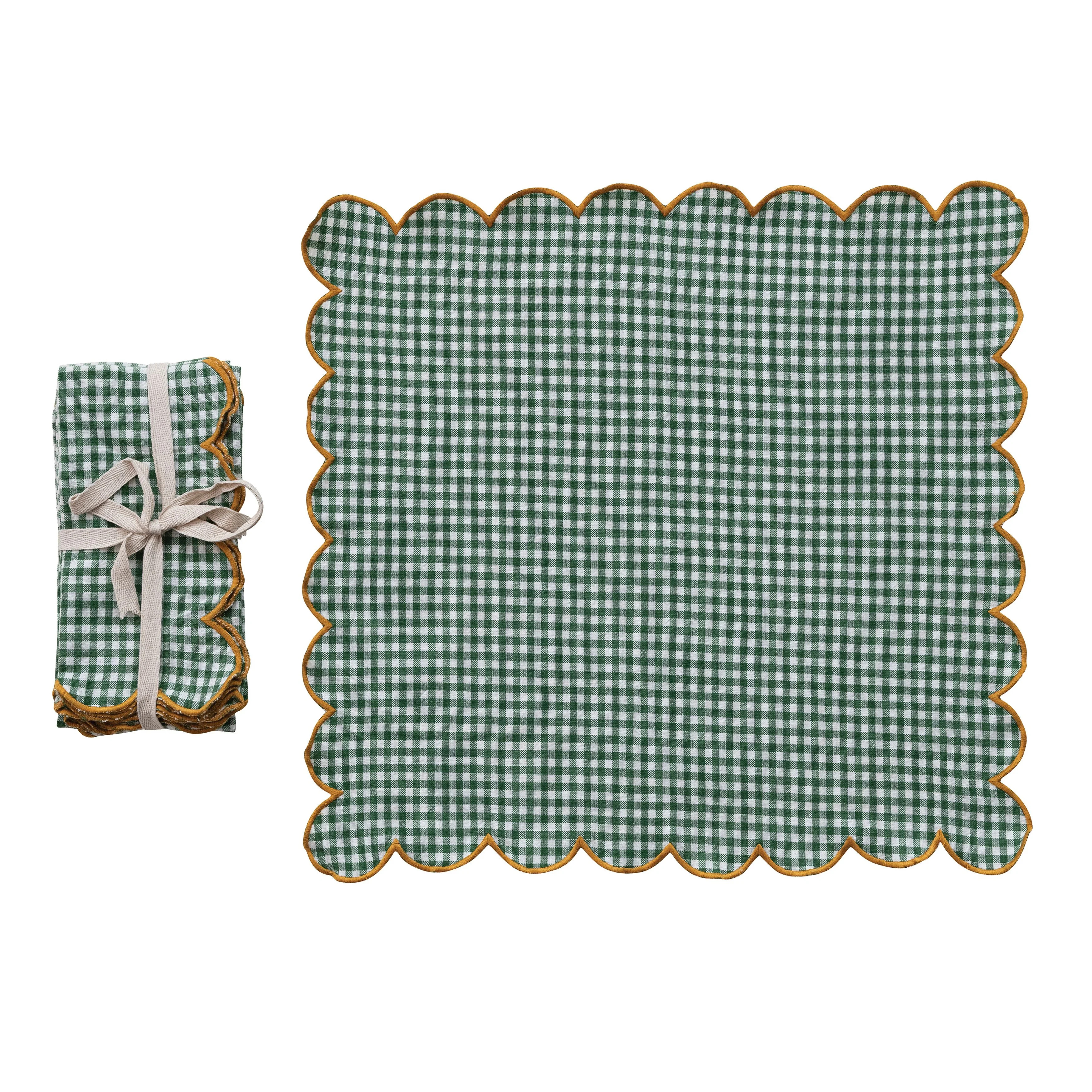 4-Piece Cotton Scalloped Square Napkins With Contrasting Stitched Edges And Check Pattern, Orange, White, And Pink | Wayfair North America